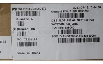 Lenovo 5CB1L50473 C-Cover with keyboard, Greek, Cloud Grey, Backlight, Non-Fingerprint, US