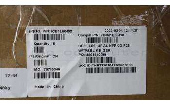 Lenovo 5CB1L50492 C-Cover with keyboard,German,Cloud Grey,Backlight,Non_Fingerprint