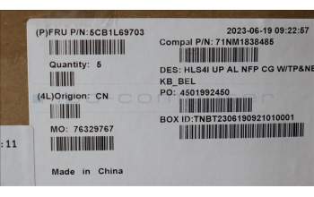 Lenovo 5CB1L69703 C-Abdeckung mit Tastatur, Belgisch, wolkengrau, Ohne Hintergrundbeleuchtung, Ohne Fingerabdruck, GB